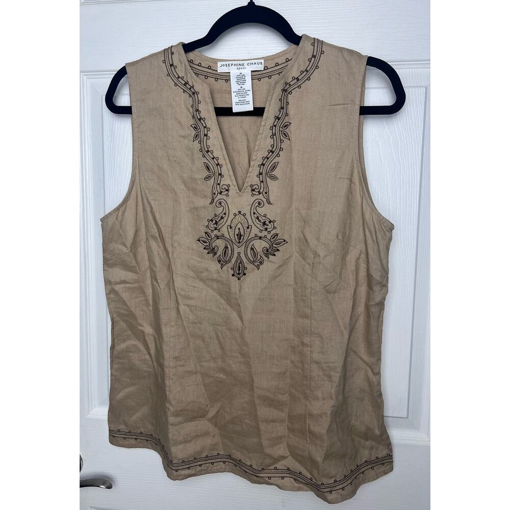 Josephine Chaus Blouse Tan Linen Top Sleeveless Y-Neck Side Zip Size 14